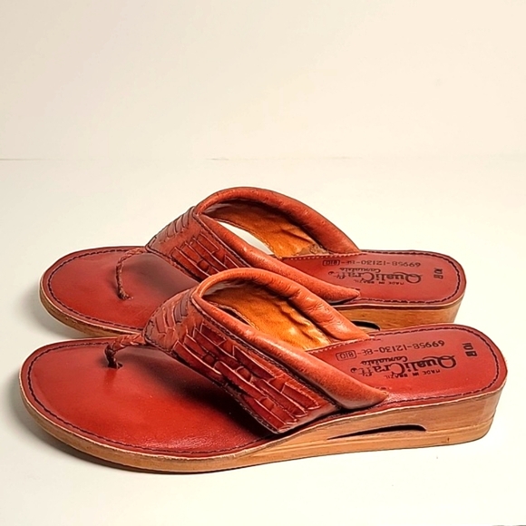 Vintage QualiCraft Brown Leather Wooden Flip Flop Thong Sandals Brazil 10 - Picture 9 of 13